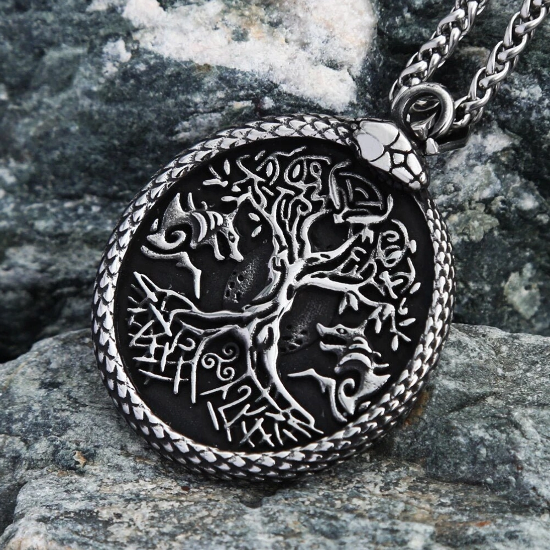 Yggdrasil Kette Wikinger Weltenbaum Jörmungandr Amulett aus Edelstahl
